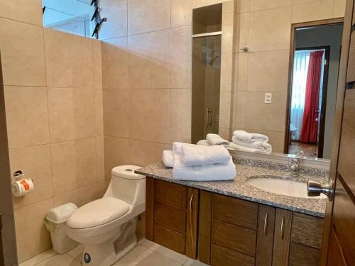 a bathroom with a toilet and a sink and a mirror at Sisters- Apartamento cómodo y familiar in Cochabamba