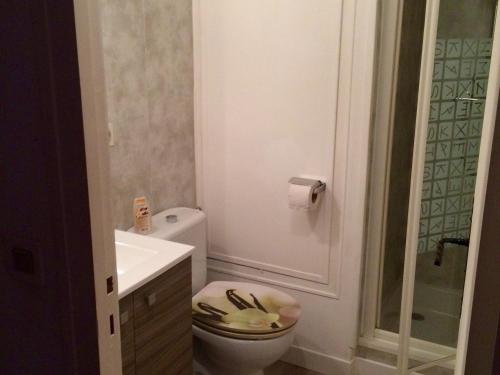 une salle de bain avec toilettes, lavabo et douche dans l'établissement Studio cosy aux Gets, 4 pers., proche pistes, balcon, parking, centre village - FR-1-671-32, aux Gets