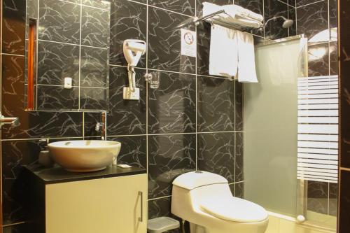 a bathroom with a toilet and a sink in it at Hotel B&V in Huancayo