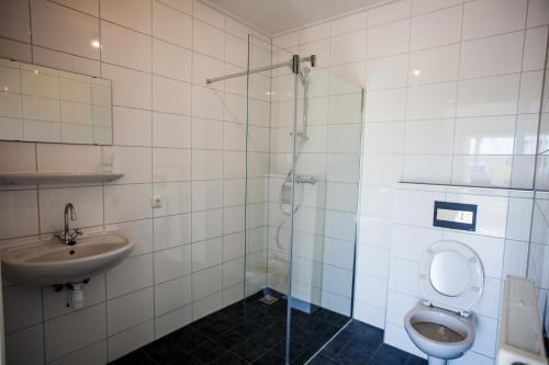 y baño con lavabo, aseo y ducha. en Bed And Breakfast Geertruidahoeve, en Hellendoorn