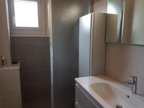 une salle de bain avec un lavabo, une douche et un miroir dans l'établissement Appartement familial aux Gets, 2 chambres, parking, Wi-Fi, animaux admis - FR-1-671-88, aux Gets
