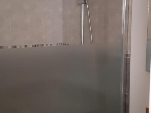 une douche avec une porte vitrée dans une salle de bain dans l'établissement Appartement cosy aux Gets, proche des pistes, 4 pers, terrasse, parking privatif - FR-1-671-135, aux Gets