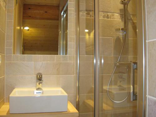 une salle de bain avec un lavabo et une douche dans l'établissement Charmant studio au cœur des Gets, proche des télécabines, balcon ensoleillé, parking inclus - FR-1-671-85, aux Gets