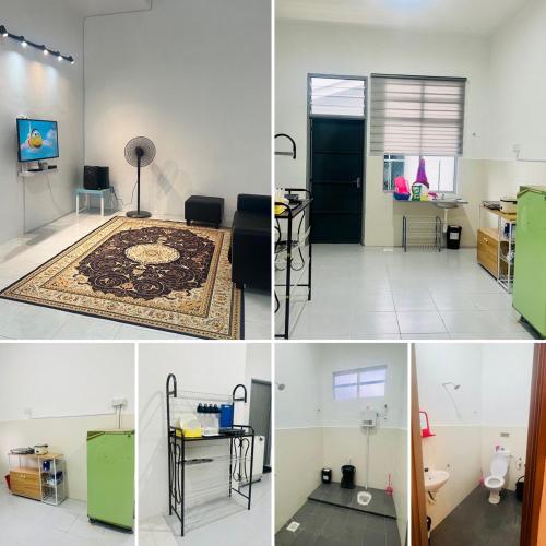 four different views of a living room and a kitchen at Hayyan Homestay Kuala Lipis in Kuala Lipis