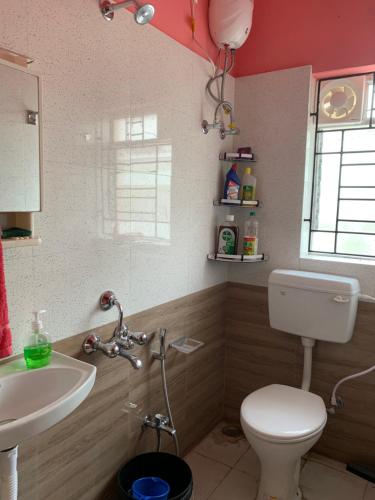 香提尼基坦的住宿－Bolpur Shantiniketan Bungalow on Kopai River，浴室配有白色卫生间和盥洗盆。