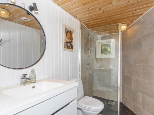 a bathroom with a sink and a toilet and a mirror at Holiday home Farsø VIII in Farsø