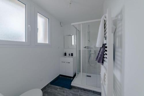 リモージュにあるCoup de cœur assuréのシャワーとトイレ付きの白いバスルーム