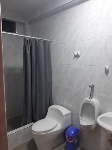 een badkamer met een toilet, een wastafel en een douche bij Súmaq Puñuy in Yungay