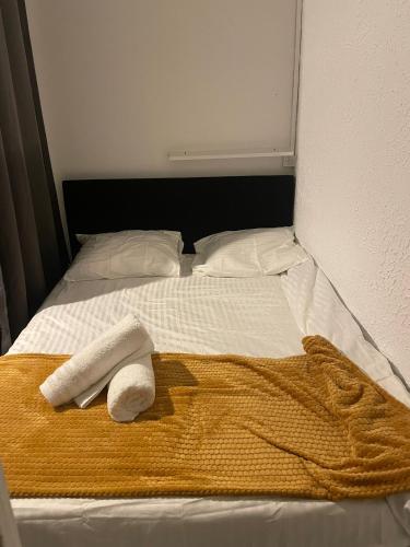 Una cama con una manta y dos toallas. en Studio du Vercors, en Fontaine