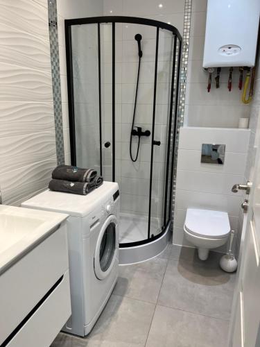 a bathroom with a shower and a washing machine at Grunwaldzki24 Apartments - FREE PARKING - OLD TOWN, CENTRUM in Wrocław