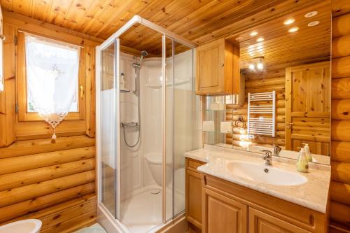 W łazience znajduje się prysznic i umywalka. w obiekcie Chalet les deux marmottes - Vue montagne w mieście Bolquere Pyrenees 2000