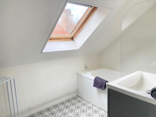 baño con lavabo y tragaluz en La petite maison solognote en La Ferté-Saint-Aubin