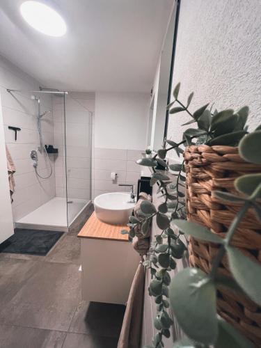 a bathroom with a sink and a shower and a plant at Bergoase Relax&Spa in Unteropfingen