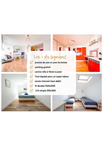 un collage de photos d'une cuisine et d'un salon dans l'établissement Apt T3 lumineux & Confort *Proche Centre-ville*, à Amiens