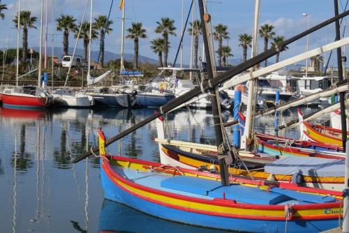 un groupe de bateaux amarrés dans un port de plaisance avec des palmiers dans l'établissement Agréable Maison Résidence au calme - terrasse- parking privé - 4CAP56, au Barcarès