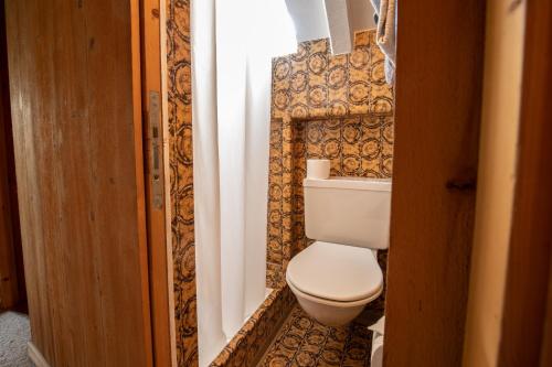 a small bathroom with a toilet in a room at Chasa Muglin Ardez in Ardez
