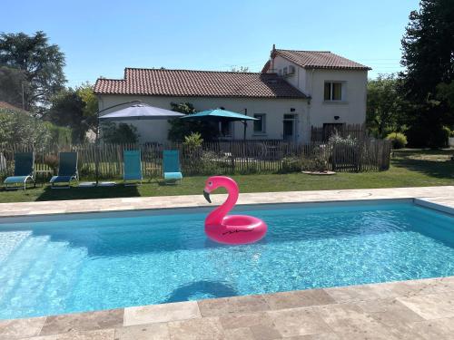 un jouet de cygne rose dans une piscine dans l'établissement Aux Lagerstroemias, à Bergerac