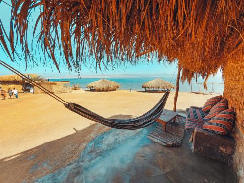 a hammock and chairs under a straw umbrella on a beach at New Moon Island Camp in Nuweiba