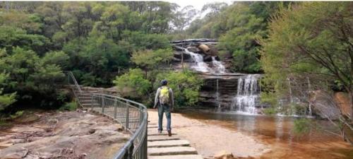 a man standing on a bridge in front of a waterfall at Treetop Leura Deluxe Family Cabin in Leura