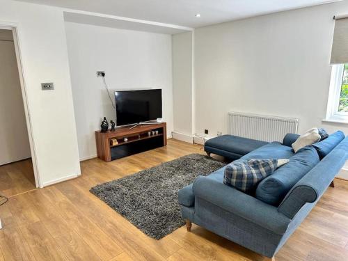a living room with a blue couch and a tv at Spacious 2-bed flat with free parking in Croydon