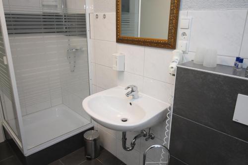 a bathroom with a sink and a shower at Hotel Geromont in Andernach