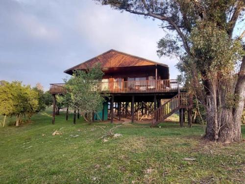 een groot houten huis met een terras in een veld bij Keurbooms River Game Trails in Plettenbergbaai