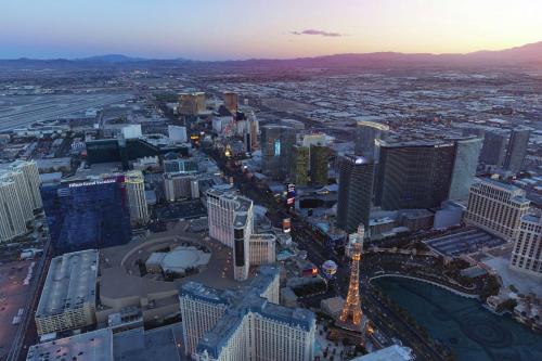 an aerial view of a city at dusk at Hilton Grand Vacations Club Elara Center Strip Las Vegas in Las Vegas