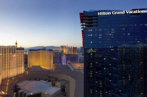 a view of a city skyline with a hilton grand vacations building at Hilton Grand Vacations Club Elara Center Strip Las Vegas in Las Vegas
