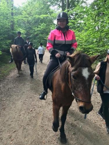 a woman riding a horse on a dirt road at Dyrlundgård in Helsinge
