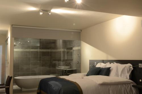 a bedroom with a tub and a bed and a bath tub at Abalona Hotel & Apartments in Dendermonde