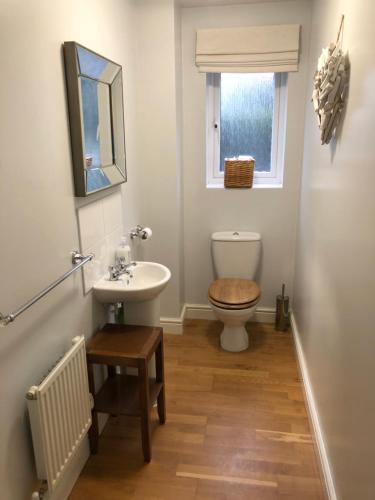 a bathroom with a toilet and a sink at Cherry Tree house in Wellington