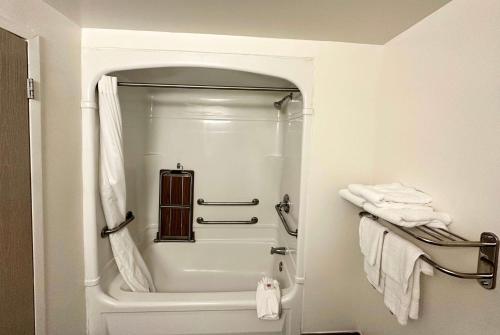 a bathroom with a shower and a bath tub at Ramada by Wyndham Lithia Springs Atlanta in Lithia Springs
