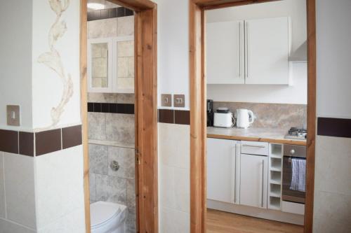 a bathroom with white cabinets and a toilet in it at Berkley Apartments in London