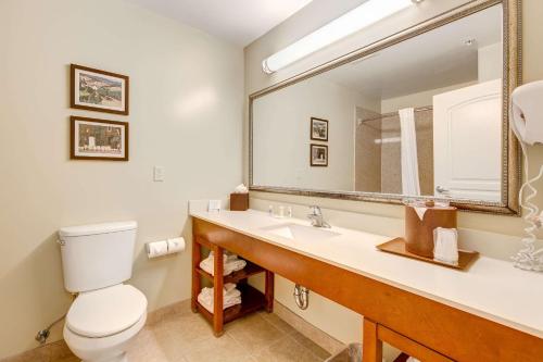een badkamer met een toilet en een wastafel met een spiegel bij Comfort Inn Pomona near Fairplex in Pomona