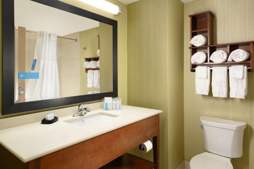 a bathroom with a sink and a toilet and a mirror at Hampton Inn Kimball in Kimball