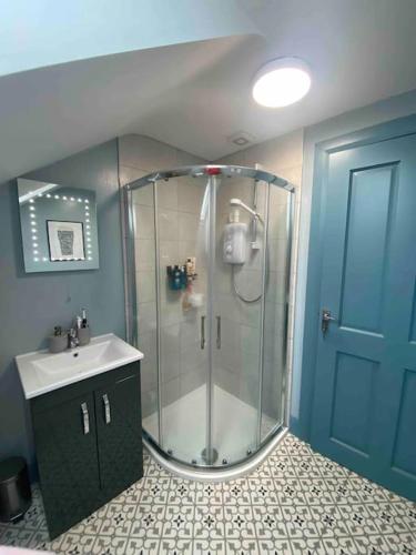 a bathroom with a shower and a sink at Island View Apartment in Droíchead an Chláir