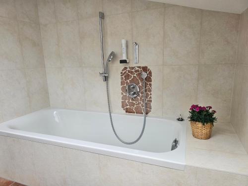 a bath tub in a bathroom with a shower at Die Schlickeralm in Telfes im Stubai