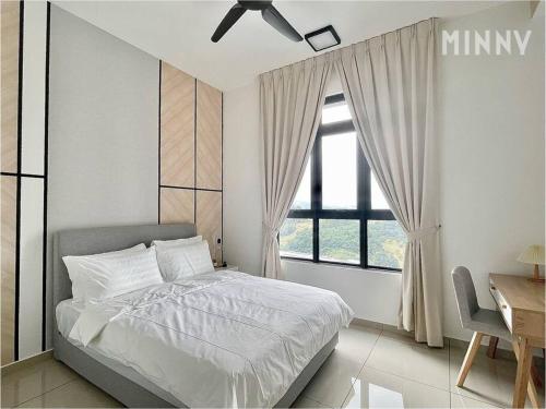 a white bedroom with a bed and a window at Parkland Batu 11 near MRT 5-6PAX Free Parking in Cheras