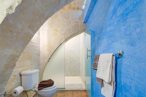 a bathroom with a white toilet and a blue wall at Valletta Waterfront Villa with Pool and Jacuzzi in Valletta