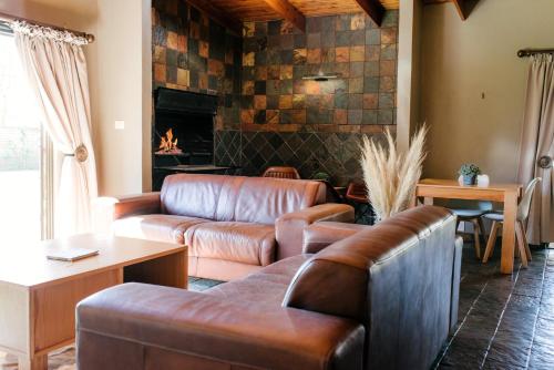 a living room with leather couches and a fireplace at Agapé Boutique Guesthouse Bothaville in Bothaville