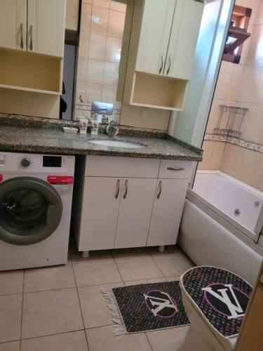 cocina con fregadero y lavadora en Appartement Dernier Etage Ortaköy No 6, en Estambul