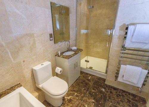 a bathroom with a toilet and a shower and a sink at The Falcon Hotel in Uppingham