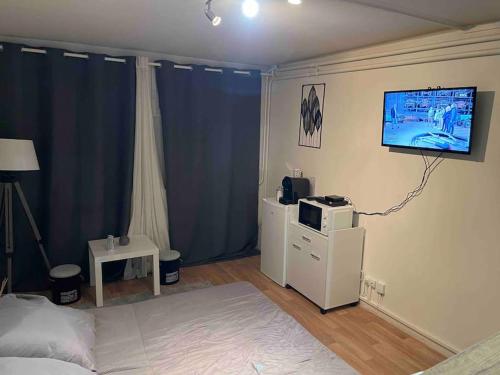 1 dormitorio con 1 cama y TV en la pared en Studio Lac d'Enghien en Enghien-les-Bains