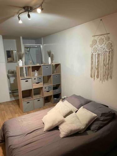 Un dormitorio con una cama con almohadas. en Studio Lac d'Enghien en Enghien-les-Bains