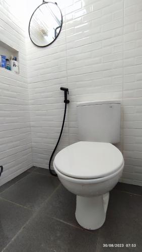 a bathroom with a white toilet and a mirror at Omah Kayu Palagan in Ngaglik