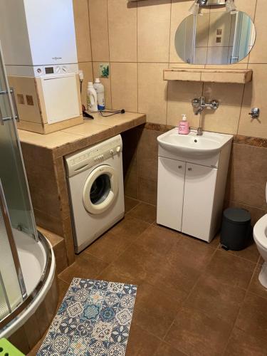 ein Badezimmer mit einer Waschmaschine und einem Waschbecken in der Unterkunft Domek Letniskowy Zacisze Guciów in Guciów