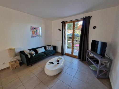a living room with a couch and a tv at Les Mouettes in Thonon-les-Bains