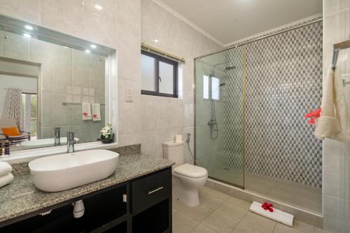 uma casa de banho com um lavatório, um chuveiro e um WC. em East Horizon Self Catering em Au Cap