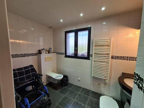 a bathroom with a toilet and a sink and a window at Maison accessible à tous avec piscine! in La Tronche