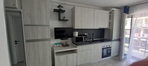 a kitchen with white cabinets and a sink and a microwave at Garsoniera Saturn in Saturn